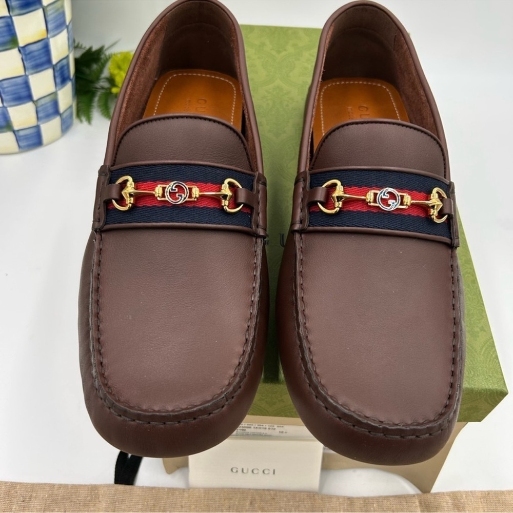 Men’s Gucci Ayrton web striped leather loafers size 12.5 fits 13 US made Italy - Picture 10 of 11